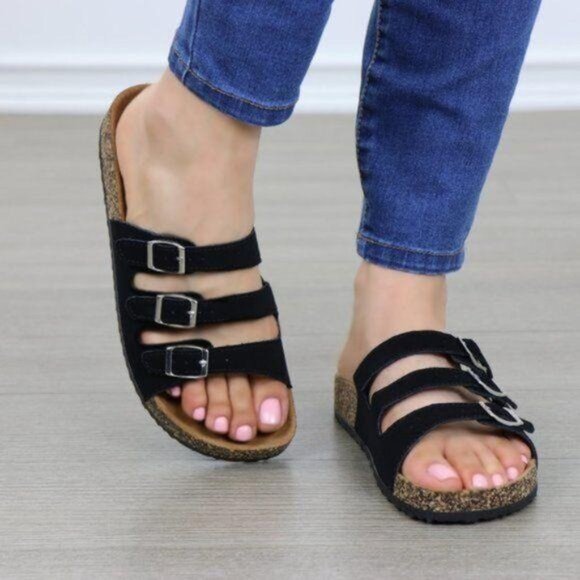 Black Velvet 3 Buckle Strap Slider Sandals - Picture 7 of 7